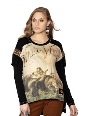 Double D ranch Wild West Show fringe top buffalo cowboys M NWT